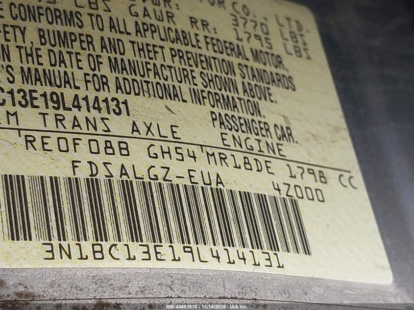 2009 Nissan Versa 1.8Sl VIN: 3N1BC13E19L414131 Lot: 43651010