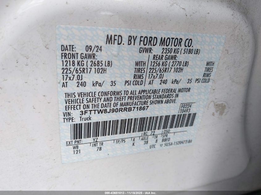 2024 Ford Maverick Xlt VIN: 3FTTW8J90RRB71867 Lot: 43651013