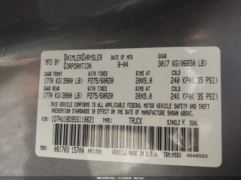 2005 Dodge Ram 1500 Slt/Laramie VIN: 1D7HU18D95S118621 Lot: 43651022