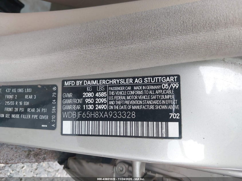 1999 Mercedes-Benz E 320 Awd VIN: WDBJH82F7XX016015 Lot: 43651028