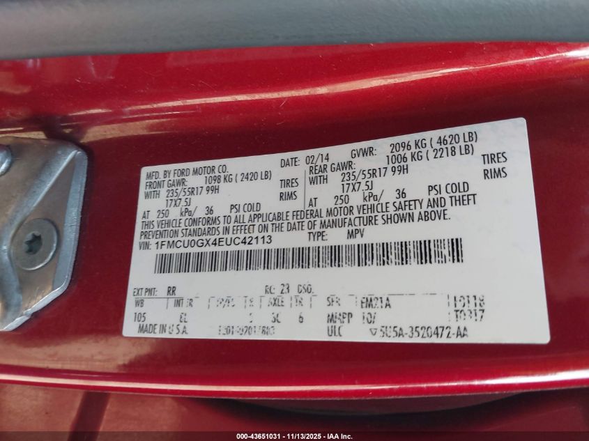 2014 Ford Escape Se VIN: 1FMCU0GX4EUC42113 Lot: 43651031