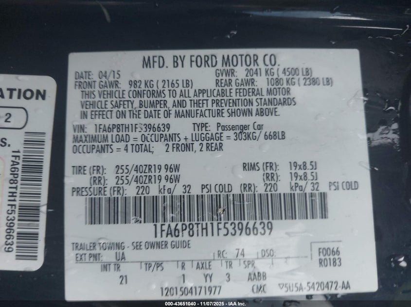 2015 FORD MUSTANG ECOBOOST - 1FA6P8TH1F5396639