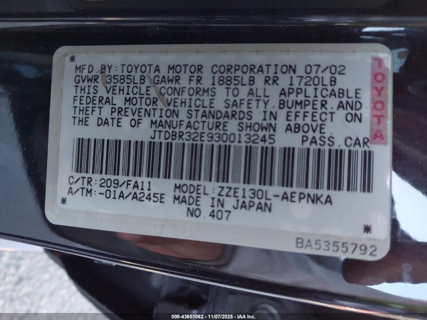 2003 Toyota Corolla Le VIN: JTDBR32E930013245 Lot: 43651062