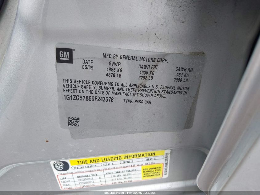 2009 Chevrolet Malibu Ls VIN: 1G1ZG57B69F243578 Lot: 43651069