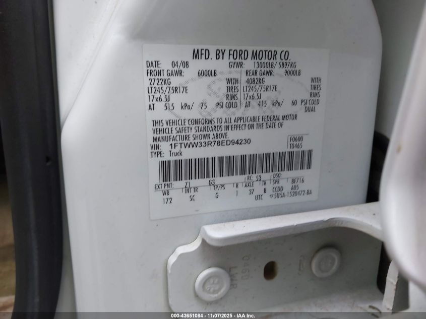 2008 Ford F-350 King Ranch VIN: 1FTWW33R78ED94230 Lot: 43651084
