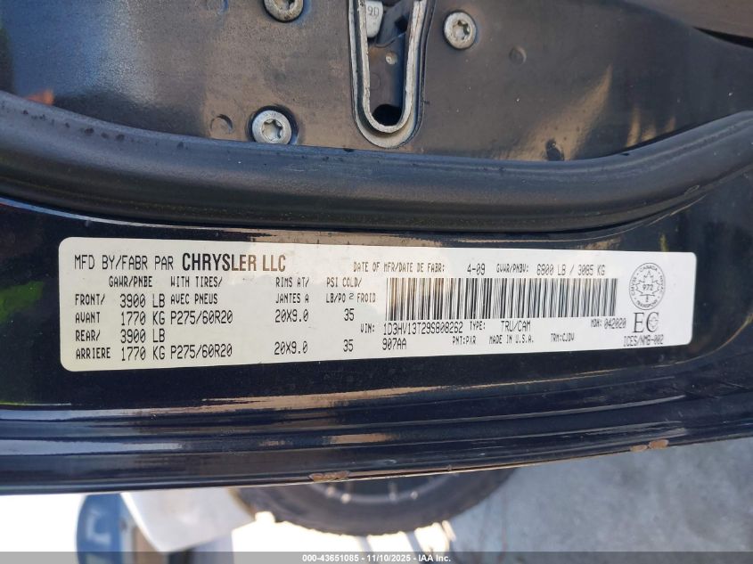 2009 Dodge Ram 1500 Slt/Sport VIN: 1D3HV13T29S808262 Lot: 43651085