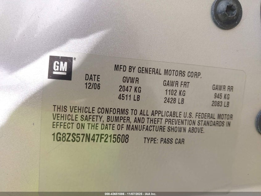 1G8ZS57N47F215608 2007 SATURN AURA photo no. 9
