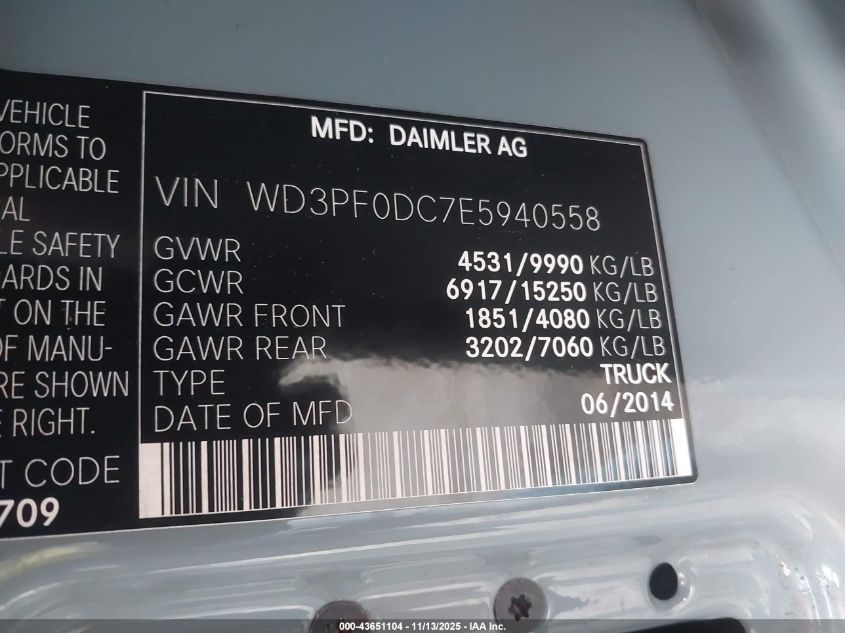 2014 Mercedes-Benz Sprinter 3500 High Roof VIN: WD3PF0DC7E5940558 Lot: 43651104