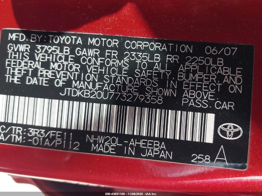 2007 Toyota Prius VIN: JTDKB20U773279358 Lot: 43651108