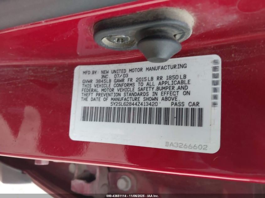 2004 Pontiac Vibe VIN: 5Y2SL62844Z413420 Lot: 43651114