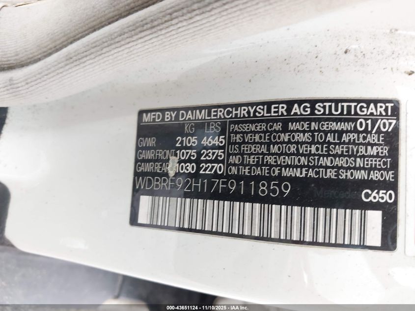 2007 Mercedes-Benz C 280 Luxury 4Matic VIN: WDBRF92H17F911859 Lot: 43651124