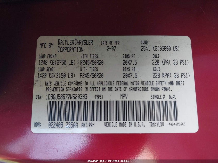 2007 Dodge Nitro Slt/Rt VIN: 1D8GU58677W620393 Lot: 43651126