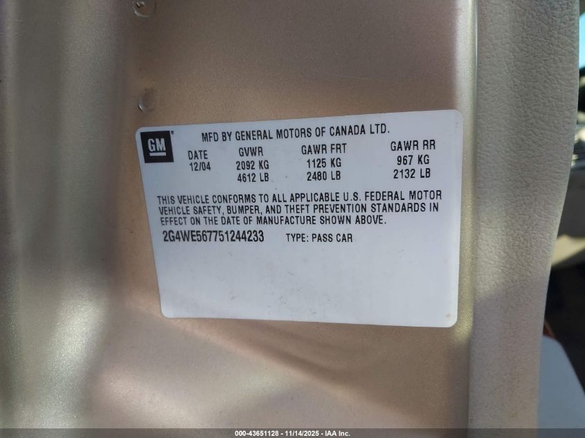2005 Buick Lacrosse Cxs VIN: 2G4WE567751244233 Lot: 43651128