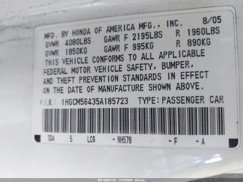 1HGCM56435A185723 2005 HONDA ACCORD photo no. 9