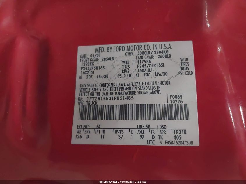2001 Ford Ranger Edge/Xlt VIN: 1FTZR15E21PB51485 Lot: 43651144