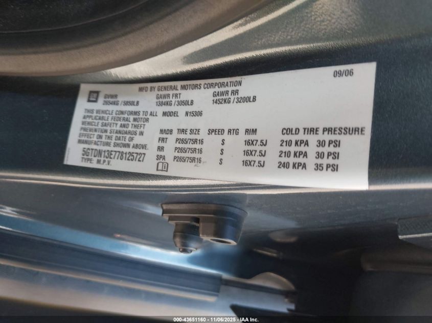 2007 Hummer H3 Suv VIN: 5GTDN13E778125727 Lot: 43651160