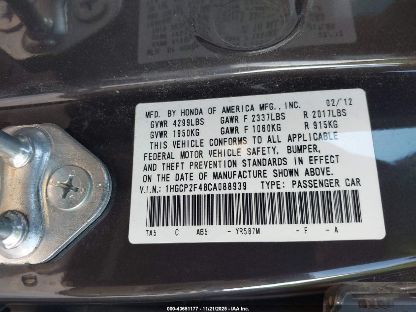 2012 Honda Accord 2.4 Lx-P VIN: 1HGCP2F48CA088939 Lot: 43651177