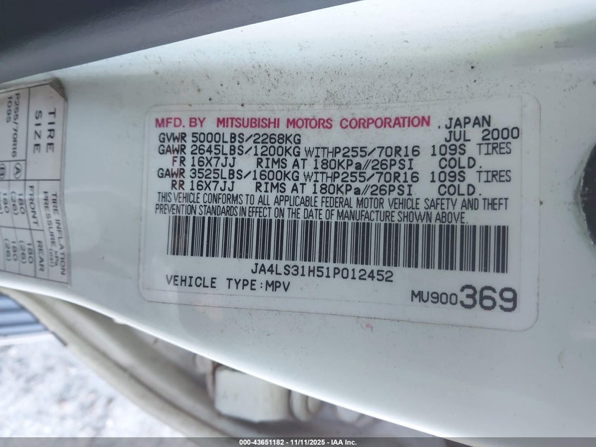2001 Mitsubishi Montero Sport Xls VIN: JA4LS31H51P012452 Lot: 43651182