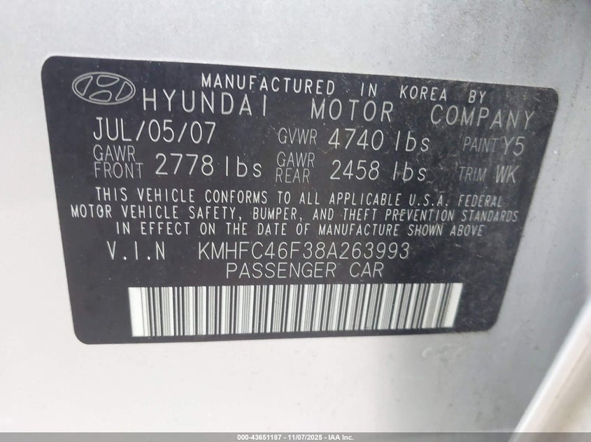 2008 Hyundai Azera Limited VIN: KMHFC46F38A263993 Lot: 43651187