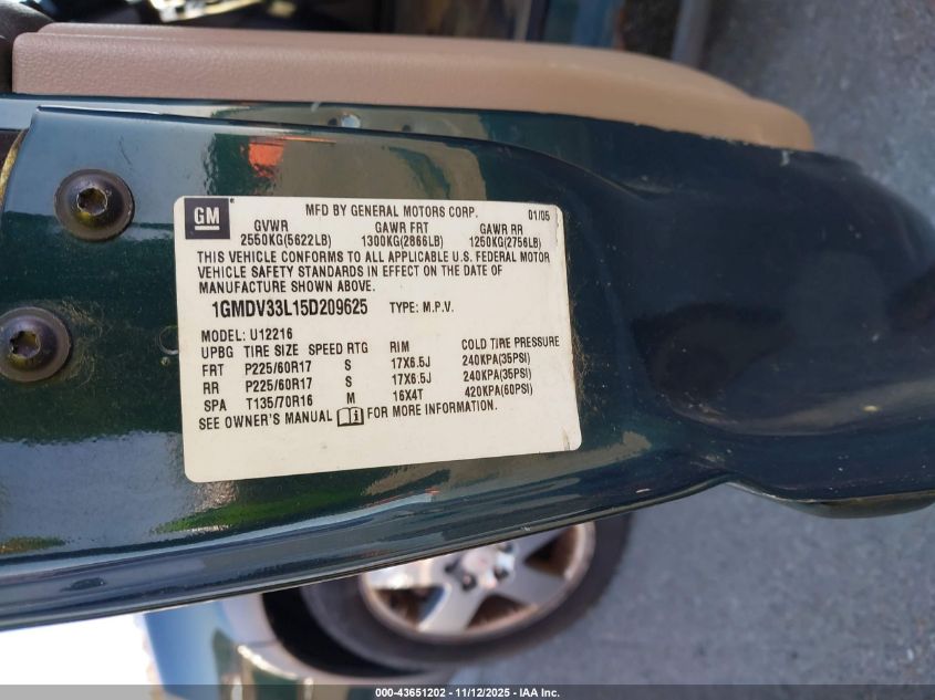 2005 Pontiac Montana Sv6 Fwd VIN: 1GMDV33L15D209625 Lot: 43651202