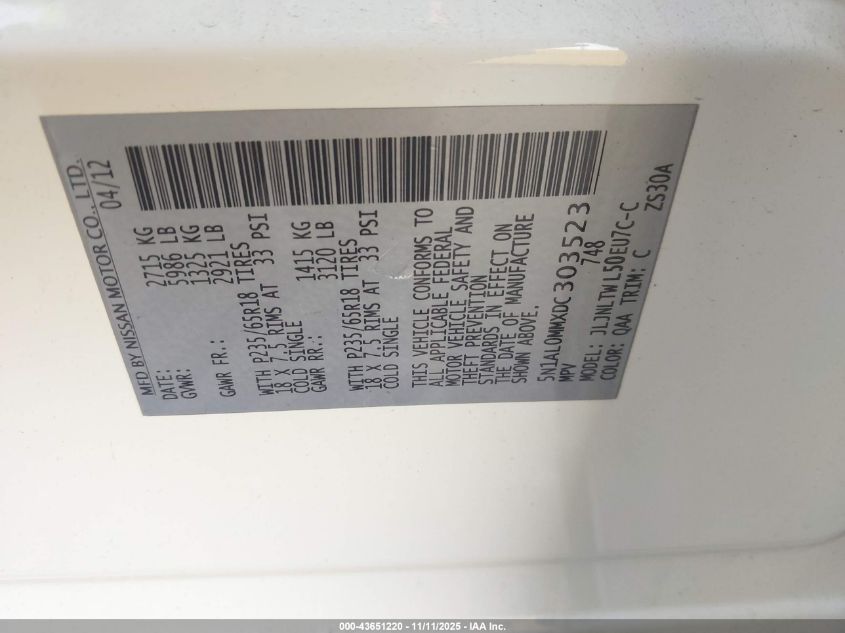 2013 Infiniti Jx35 VIN: 5N1AL0MMXDC303523 Lot: 43651220