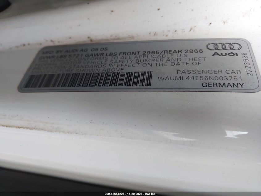 2006 Audi A8 L 4.2 VIN: WAUML44E56N003751 Lot: 43651225