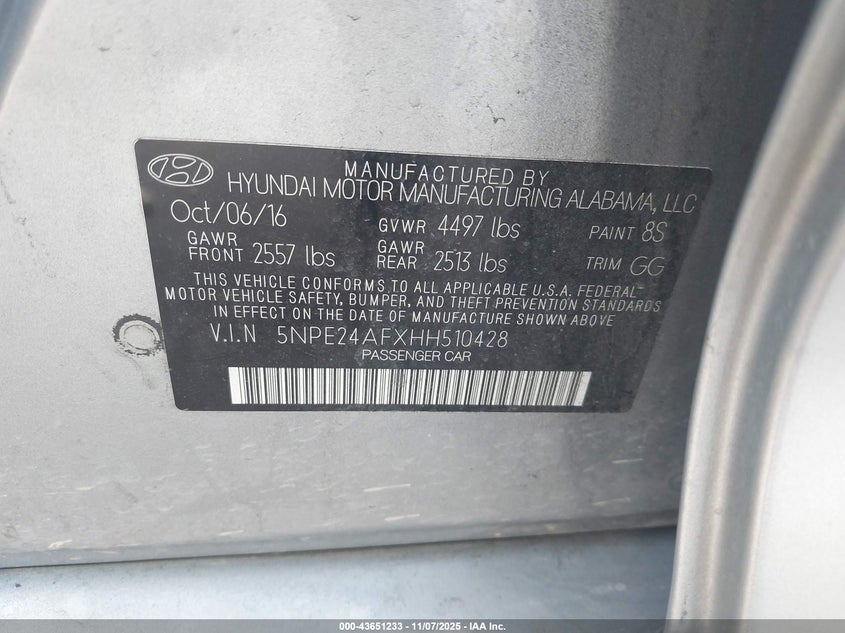 2017 HYUNDAI SONATA - 5NPE24AFXHH510428