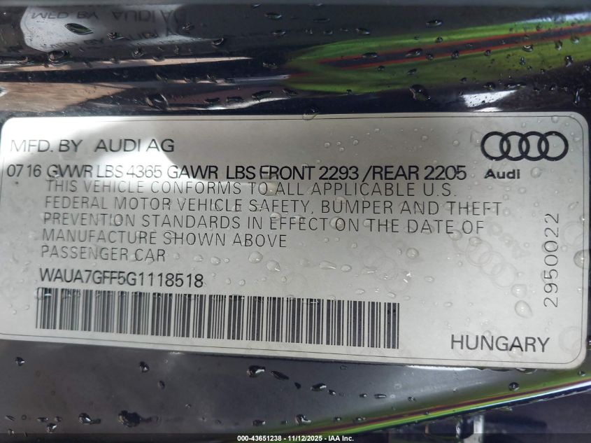 2016 Audi A3 1.8T Premium VIN: WAUA7GFF5G1118518 Lot: 43651238