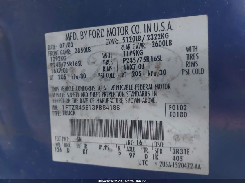 2003 Ford Ranger Edge/Xlt VIN: 1FTZR45E13PB84188 Lot: 43651252