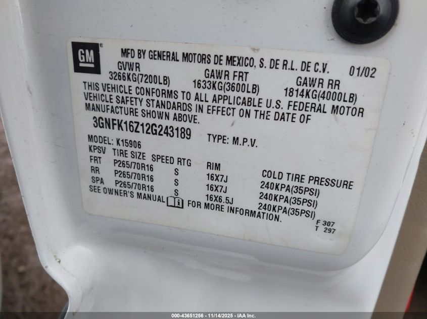 2002 Chevrolet Suburban 1500 Ls VIN: 3GNFK16Z12G243189 Lot: 43651256