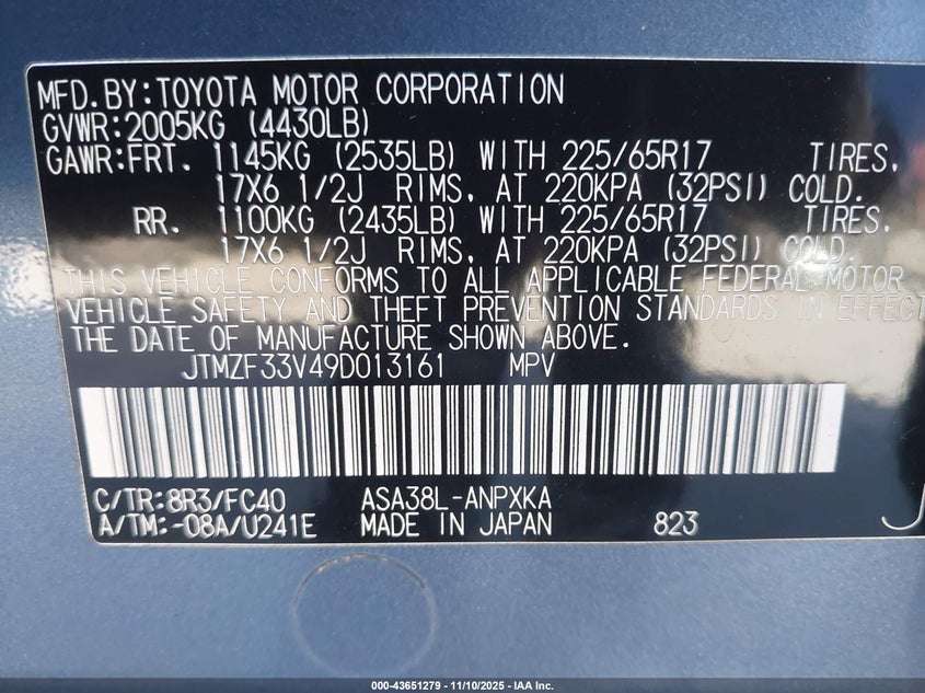 2009 Toyota Rav4 VIN: JTMZF33V49D013161 Lot: 43651279