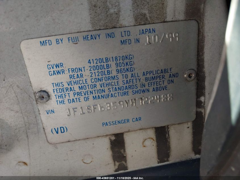 2000 Subaru Forester L VIN: JF1SF6359YH722488 Lot: 43651281