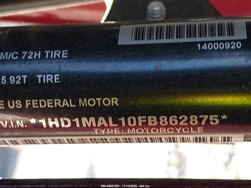 2015 Harley-Davidson Flhtcutg Tri Glide Ultra VIN: 1HD1MAL10FB862875 Lot: 43651291