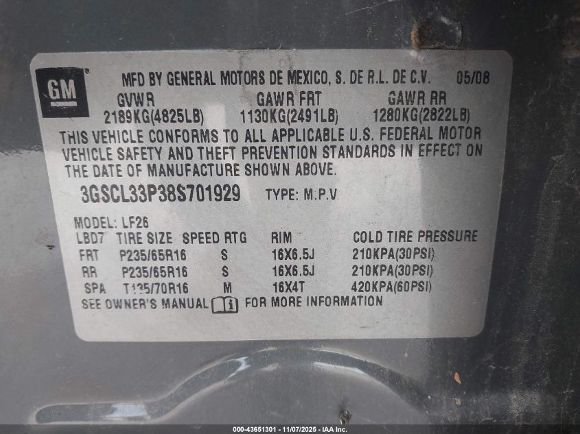 2008 Saturn Vue 4-Cyl Xe VIN: 3GSCL33P38S701929 Lot: 43651301