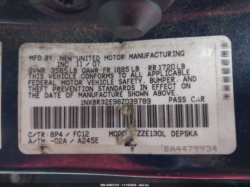 2008 Toyota Corolla S VIN: 1NXBR32E98Z039789 Lot: 43651310