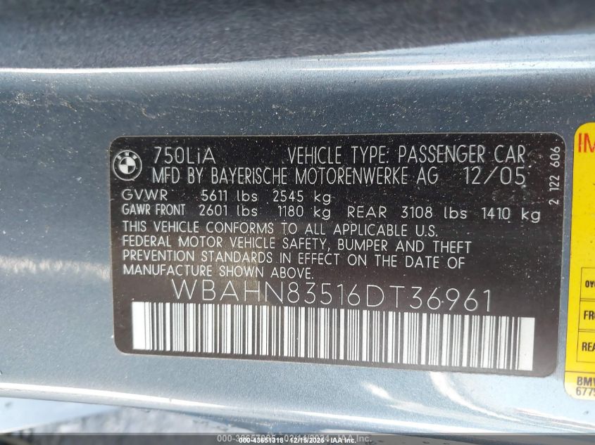 2006 BMW 750Li VIN: WBAHN83516DT36961 Lot: 43651318