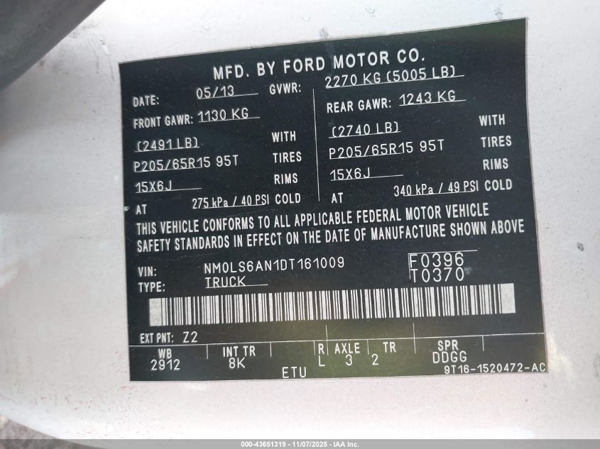 2013 Ford Transit Connect Xl VIN: NM0LS6AN1DT161009 Lot: 43651319