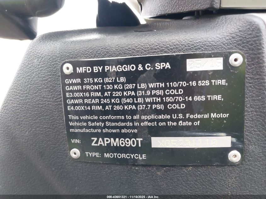 2016 Piaggio Bv 350 VIN: ZAPM690TXG5201110 Lot: 43651321