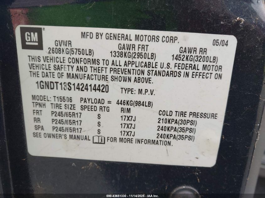 2004 Chevrolet Trailblazer Lt VIN: 1GNDT13S142414420 Lot: 43651330