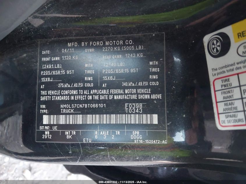 2011 Ford Transit Connect Xl VIN: NM0LS7CN7BT066101 Lot: 43651332