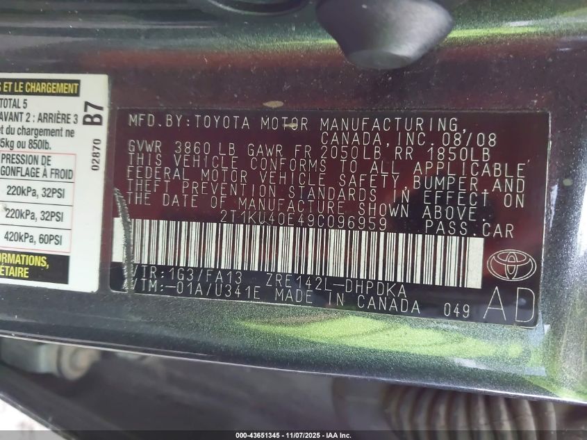 2009 Toyota Matrix VIN: 2T1KU40E49C096959 Lot: 43651345