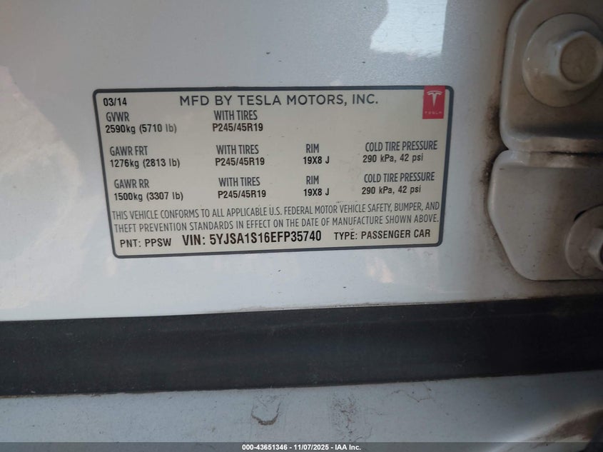 2014 TESLA MODEL S 5YJSA1S16EFP35740