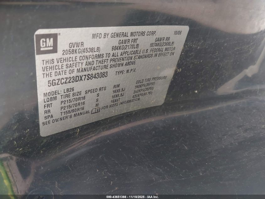 2007 Saturn Vue 4 Cyl VIN: 5GZCZ23DX7S843083 Lot: 43651366