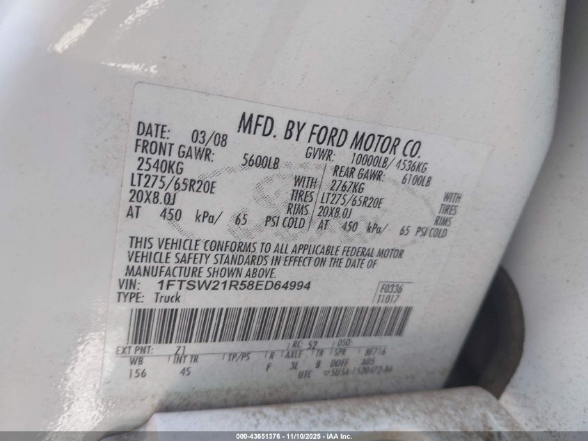 2008 Ford F-250 Fx4/Harley-Davidson/King Ranch/Lariat/Xl/Xlt VIN: 1FTSW21R58ED64994 Lot: 43651376