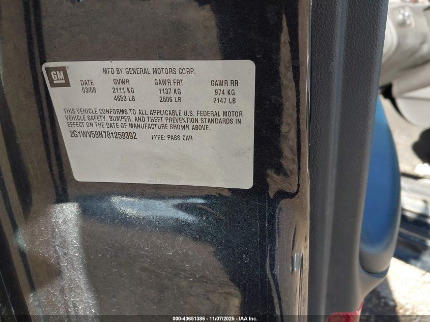 2008 Chevrolet Impala Lt VIN: 2G1WV58N781259392 Lot: 43651386