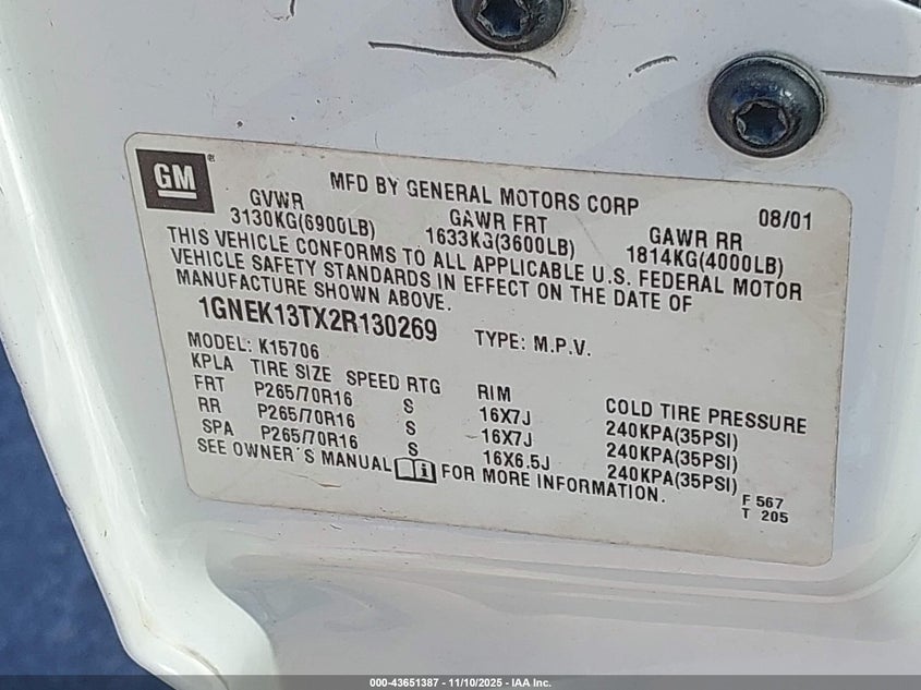 2002 Chevrolet Tahoe Lt VIN: 1GNEK13TX2R130269 Lot: 43651387