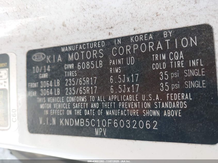 2015 Kia Sedona Lx VIN: KNDMB5C10F6032062 Lot: 43651393