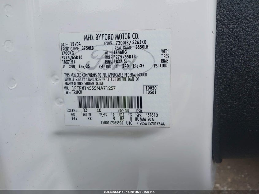 2005 Ford F-150 Fx4/Lariat/Xl/Xlt VIN: 1FTPX14555NA71257 Lot: 43651411