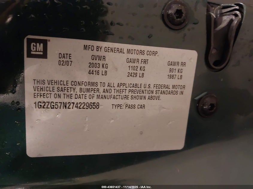 2007 Pontiac G6 VIN: 1G2ZG57N274229658 Lot: 43651437