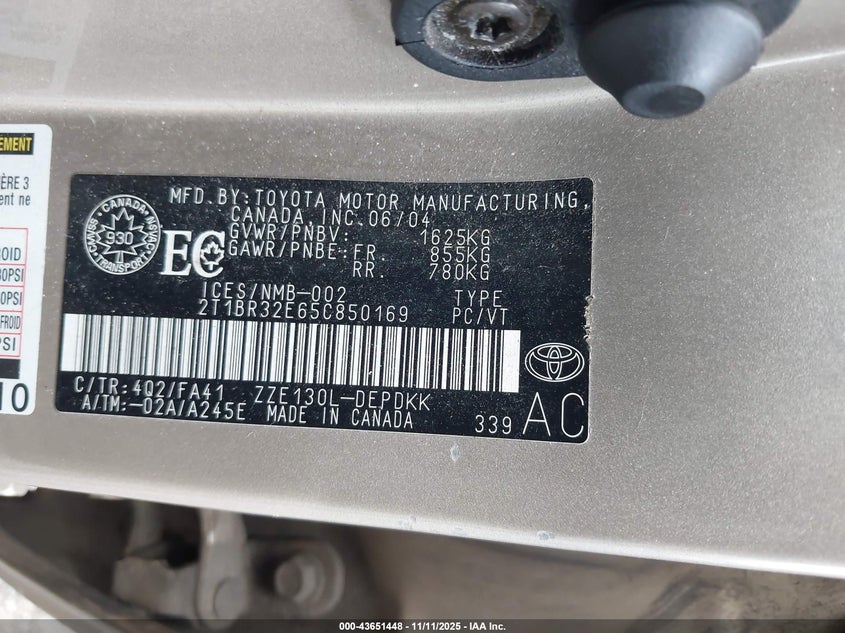 2T1BR32E65C850169 2005 TOYOTA COROLLA photo no. 9